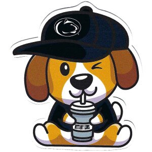decal puppy with Penn State hat and Nittany Lions drink tumbler